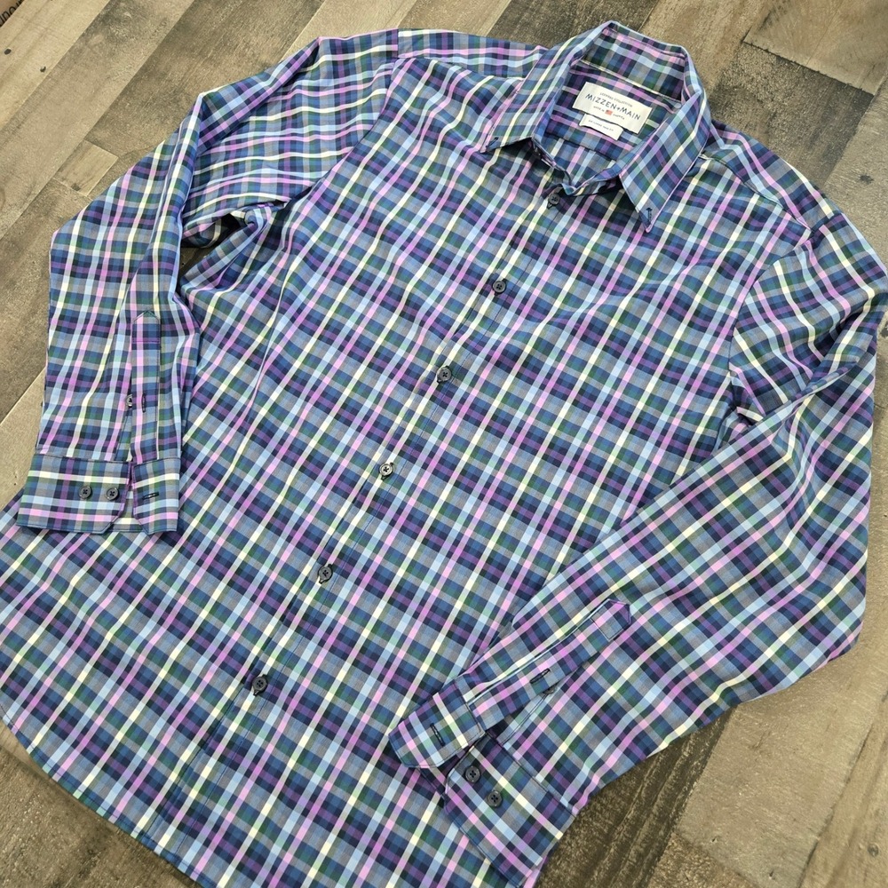 Mizzen+Main Leeward Collection Plaid Dress Shirt XXL Trim Fit Purple Blue Green